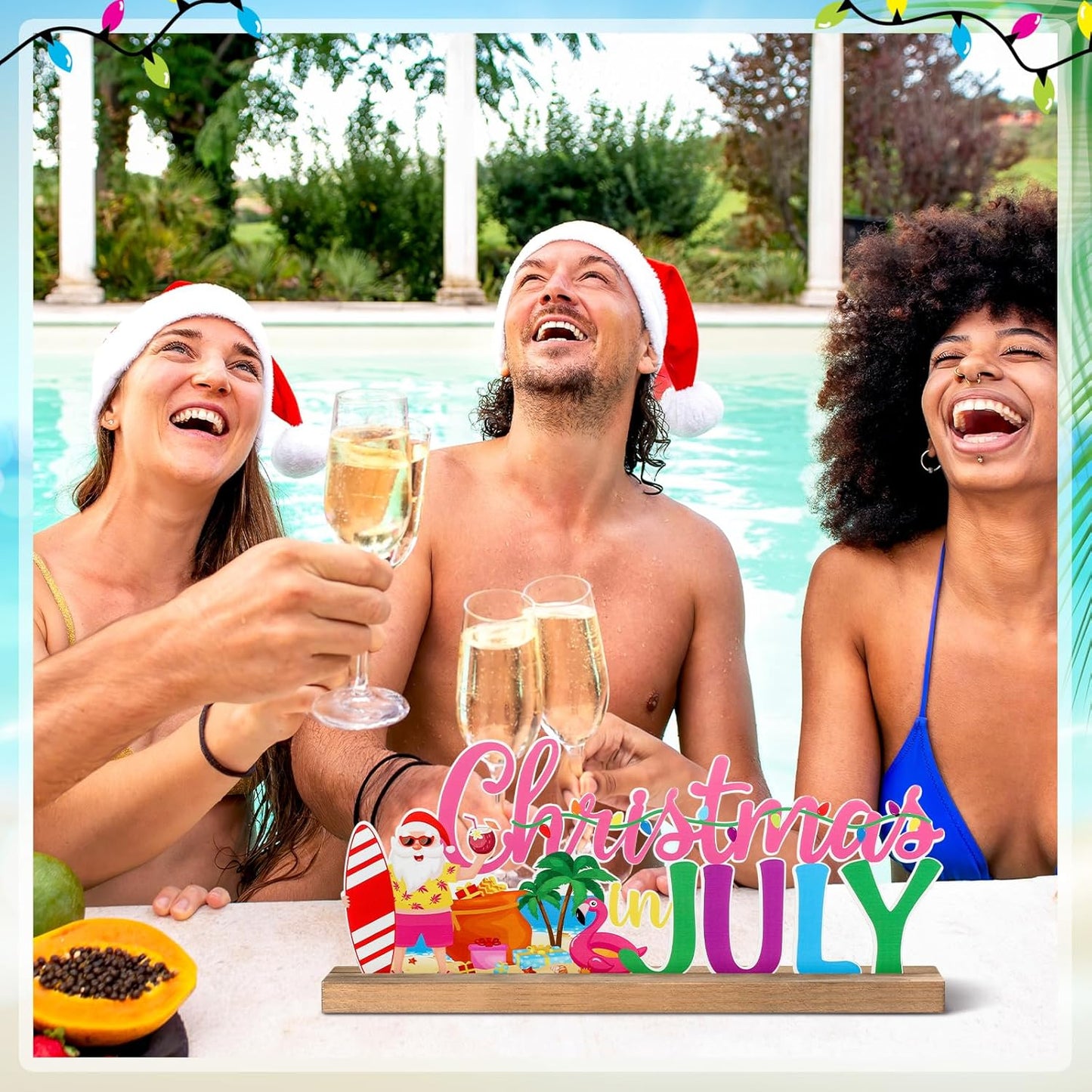 Christmas in July Metal Sign Rustic Table Decor Holiday Tiered Tray Decor with Wooden Base Freestanding Metal Word Sign for Home Tabletop Centerpiece Mantel Shelf Fireplace