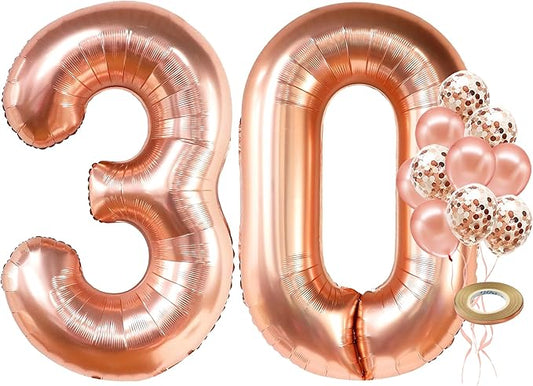 KatchOn, Rose Gold 30 Balloon Numbers - Giant, 40 Inch | Rose Gold 30 Balloons With Confetti Balloons | 30th Birthday Decorations for Women | Number Balloons for 30th Anniversary Decorations