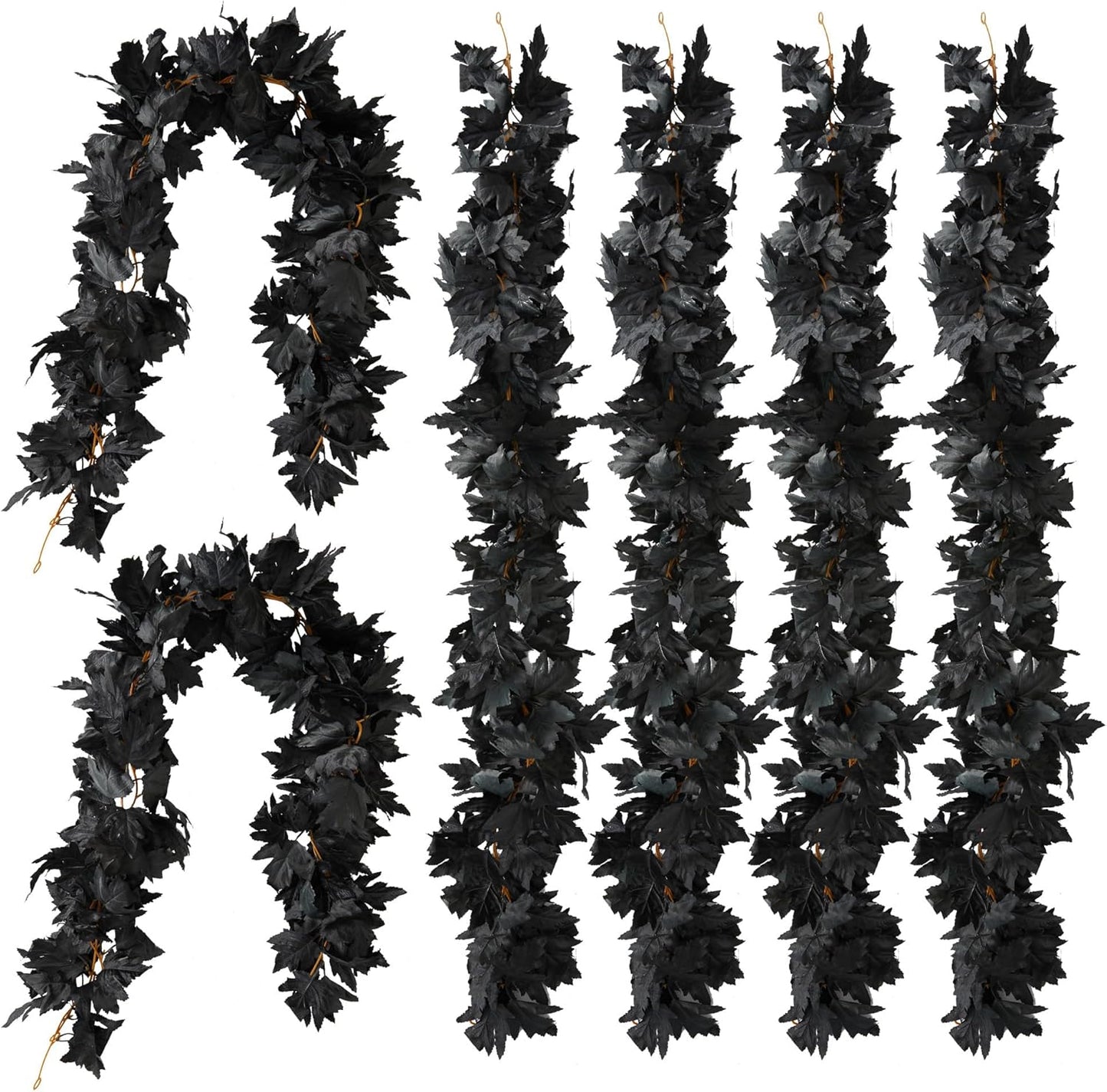 PARTY JOY Black Artificial Maple Leaf Garland - 6PCS 5.6Ft Halloween Decor, Gothic Fall Vines for Front Porch, Thanksgiving Autumn Table Centerpiece & Wall Hanging