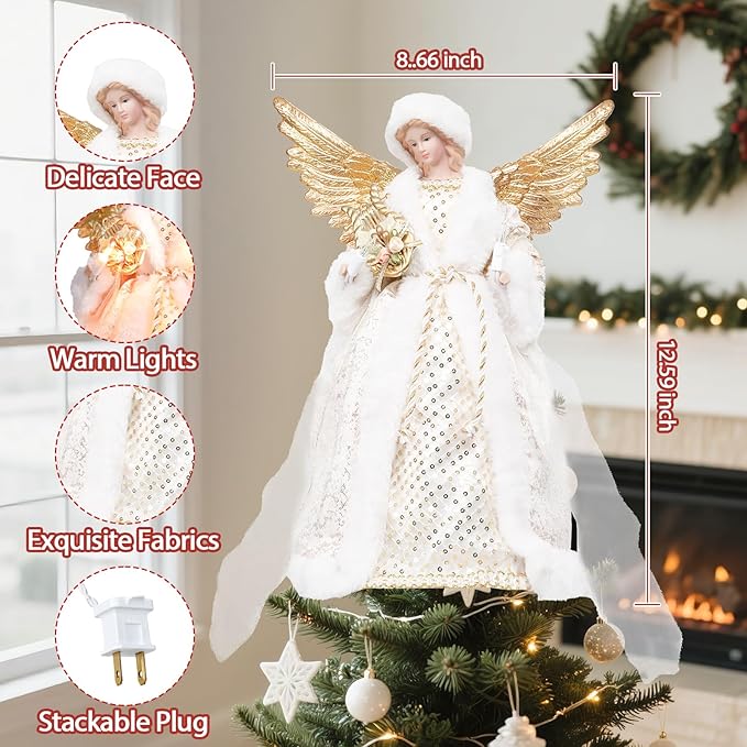 Angel Christmas Tree Topper with Lights, 12 Inch Lighted Angel Xmas Tree Toppers Decoration, Luxury White Fabric Angel Figurine Ornament for Christmas Tree Holiday Party Indoor Decor