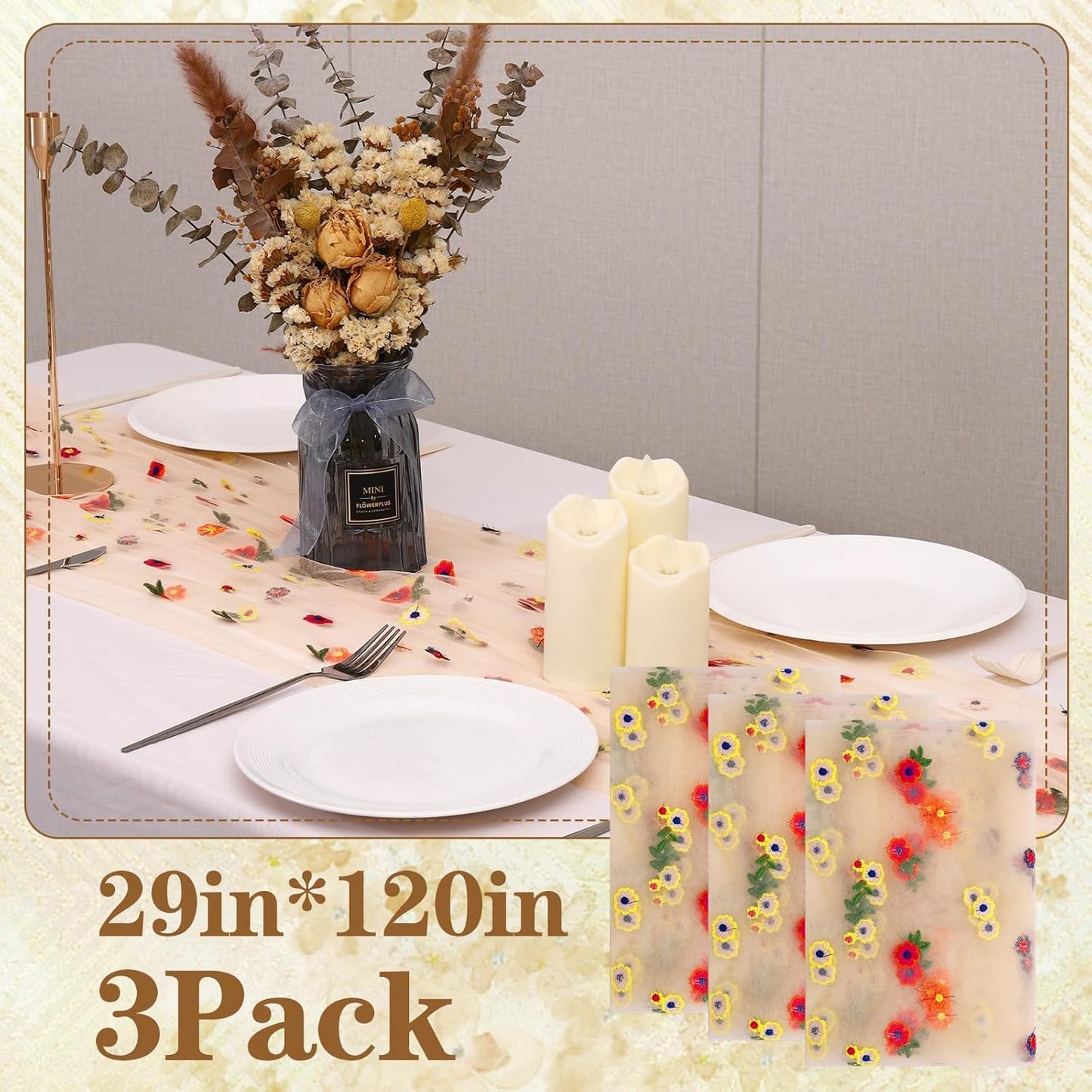 3PCS Champagne Floral Table Runner 10 FT, Embroidery Daisy Table Runners Seasonal Sheer Tulle Table Runner for Thanksgiving Wedding Birthday Baby Shower Party ﻿