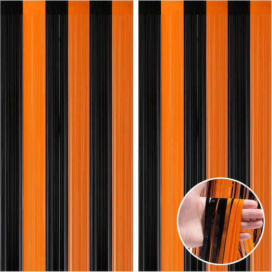 CANREVEL 2 Pack 3.3x8.2 Feet Black and Orange Foil Fringe Backdrop Curtains, Tinsel Streamers Birthday Party Decorations, Fringe Backdrop for Halloween, Bachelorette Party