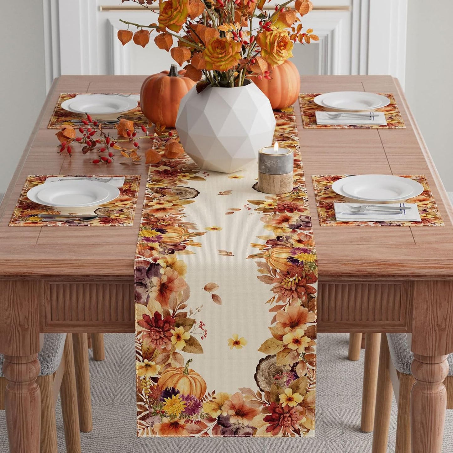 XCHI Fall Color Wild Flowers Watercolor Table Runner Table Decoration for Kitchen Dining Dinner Autumn Home Decor 13x108 Inch