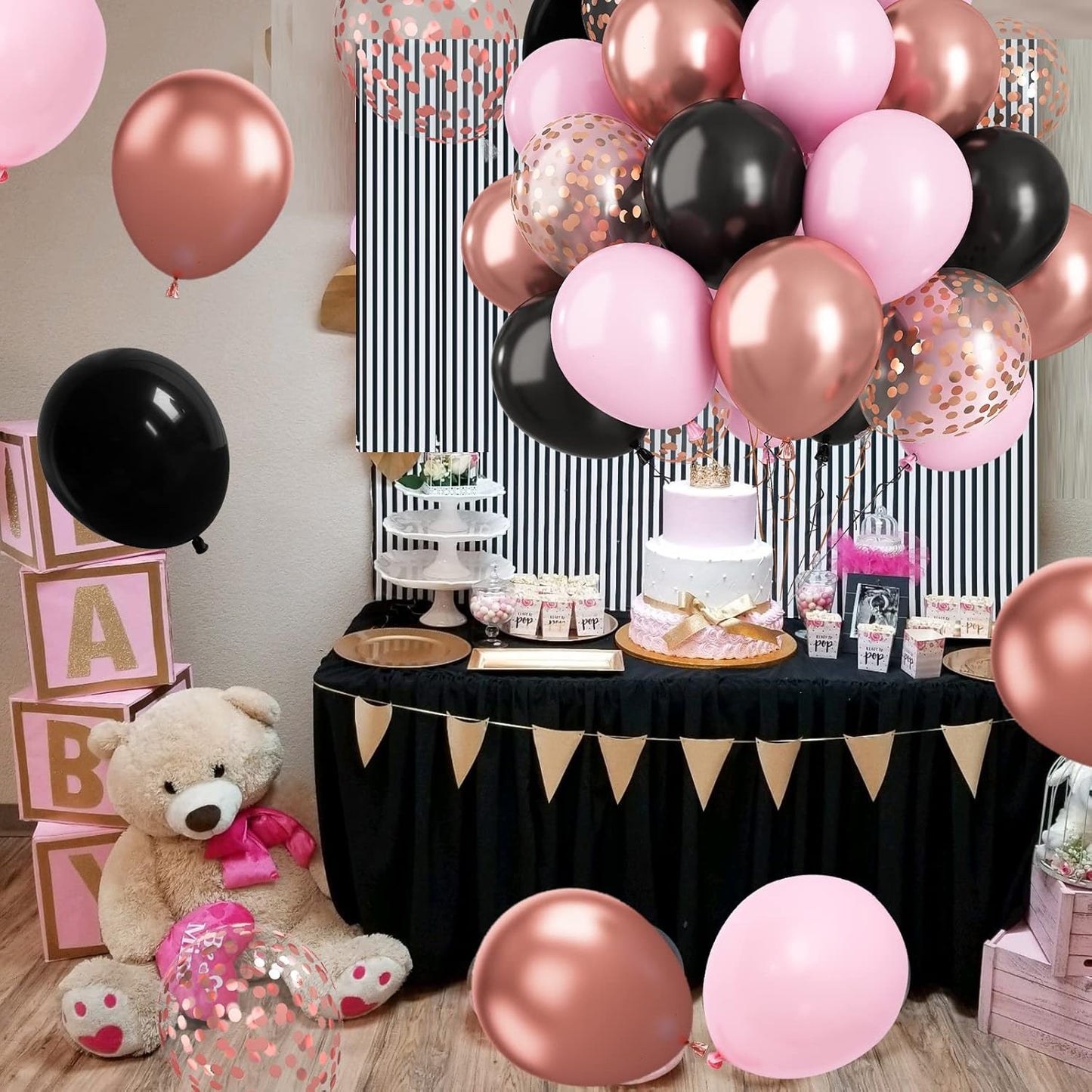 Paready Black Pink Latex Balloons, 60 Pcs 12 Inch Metallic Rose Gold and Confetti Balloons for Girls Birthday Baby Shower Engagement Anniversary Wedding Bridal Shower Party Graduation Decoration