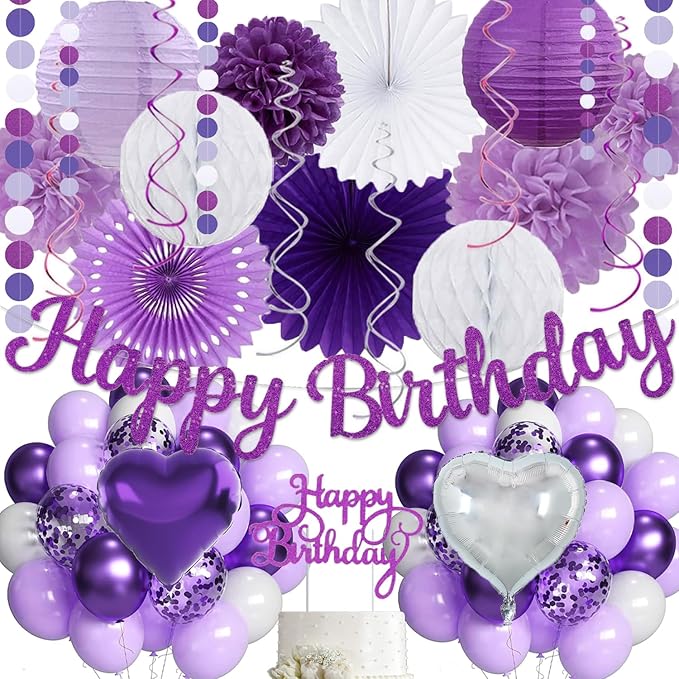 Purple Birthday Decorations for Women Girls,Happy Banner,Lilac Paper Lanterns Tissue Pom Poms Flower Fan,Purple White Balloon Décor For 40th 50th Anniversary Princess Backdrop Party Supplies
