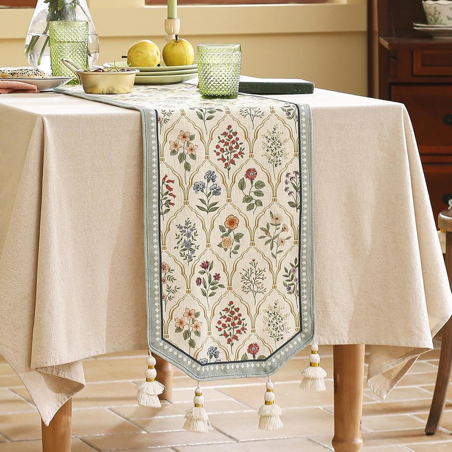 ISAENNE Designer Vintage Elegant Linen Table Runner 71 Inches Long,Colorful Wildflower Pattern Runner,Decor Table Runners for Dining Tables,Thanksgiving,Christmas,Banquet,12"*71"-Serenity B