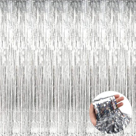 4 Pack Silver Foil Fringe Curtain Backdrop, 3.28Ft x 9.84Ft Metallic Tinsel Streamers Curtains for Party, Photo Booth Props, Birthday, 2022 Graduation Decoration Supplies