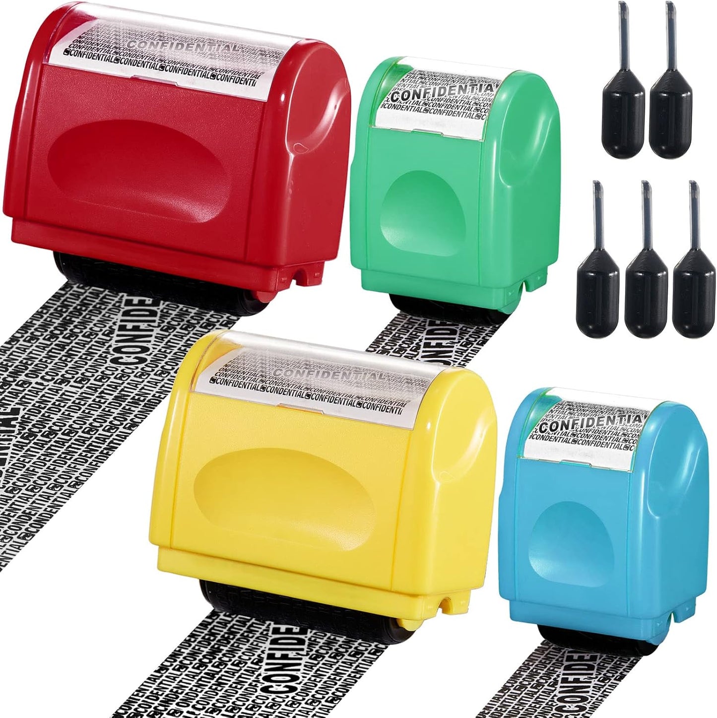 Mimorou 4 Pack Identity Theft Protection Roller Stamps Kit Confidential Privacy Roller Hidden Wide Privacy Stamp 5 Pcs Refills Security Ink for Mail Address Blocker(Red, Yellow, Blue, Green)