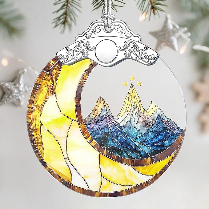 Christmas Ornaments: Stained Glass Ornament, Christmas Tree Ornament, Hanging Ornaments for Home Decor & Xmas Tree Decorations – Holiday Decor, Holiday Present - Mountains & Moon