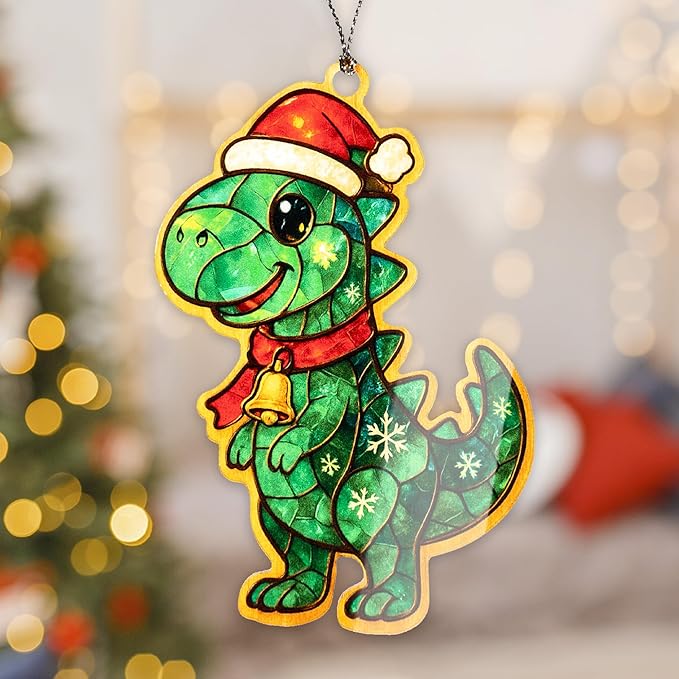 Dinosaur Ornament – Cute T Rex – Kids Holiday Tree Decor – Greeting Card – Christmas Dinosaur Ornament – Suncatcher Effect Stained Glass Window Hanging – Car Hanging