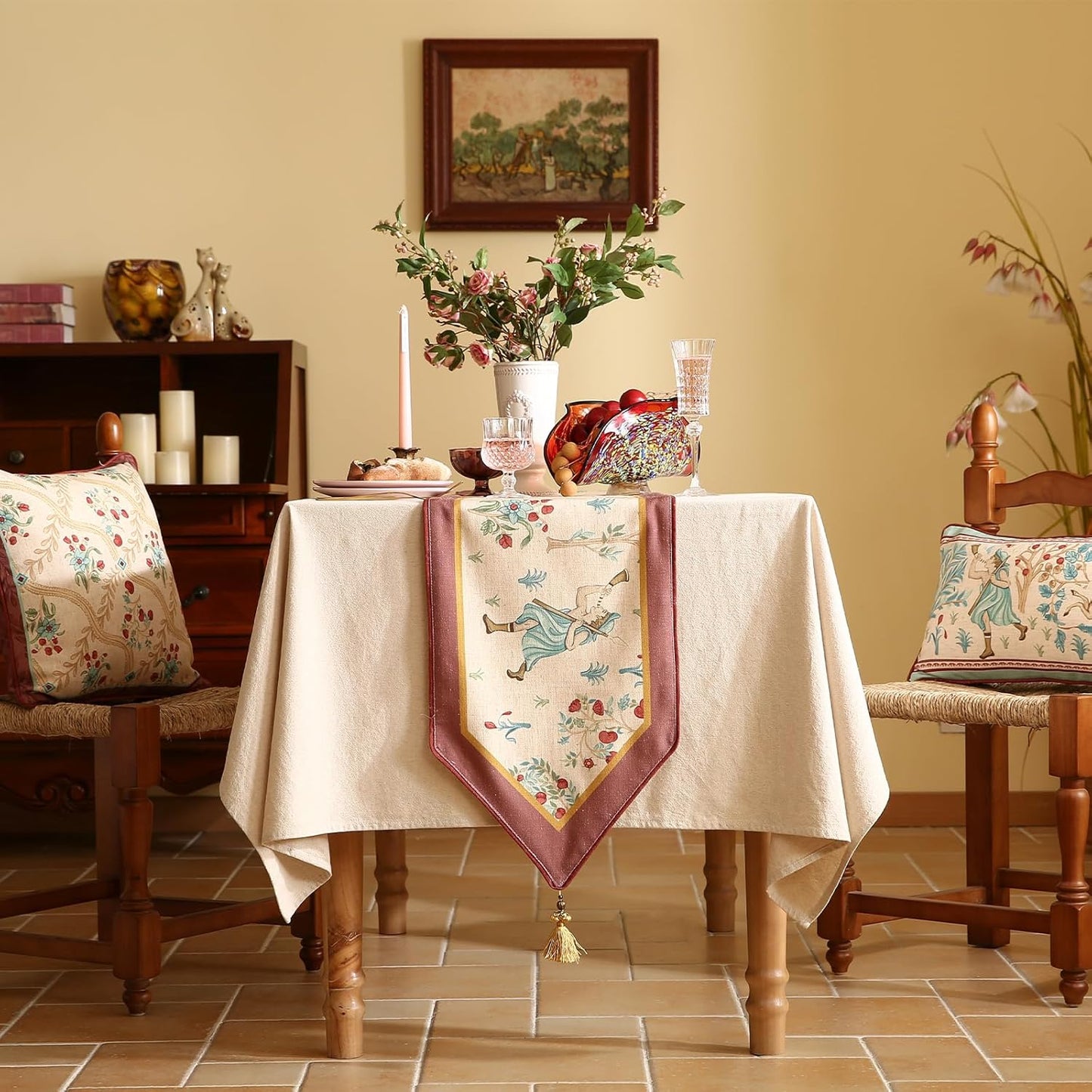 patdrea Designer Idyll Linen Table Runner, Vintage Beige Farmhouse with Ancient Spring Figure and Fruit Trees Pattern Table Mat, Decoration for Kitchen Dining Banquet Christmas ,12"*71"