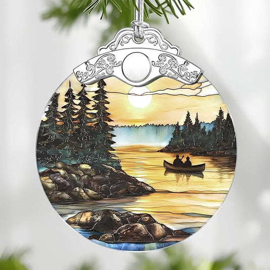 Canoe Lake Sunset Stained Glass Ornament, Christmas Ornaments – Christmas Tree Decorations, Holiday Decor, Stocking Stuffer, Gift Idea, Gifts for Nature Lover, Outdoor & Camping Lover