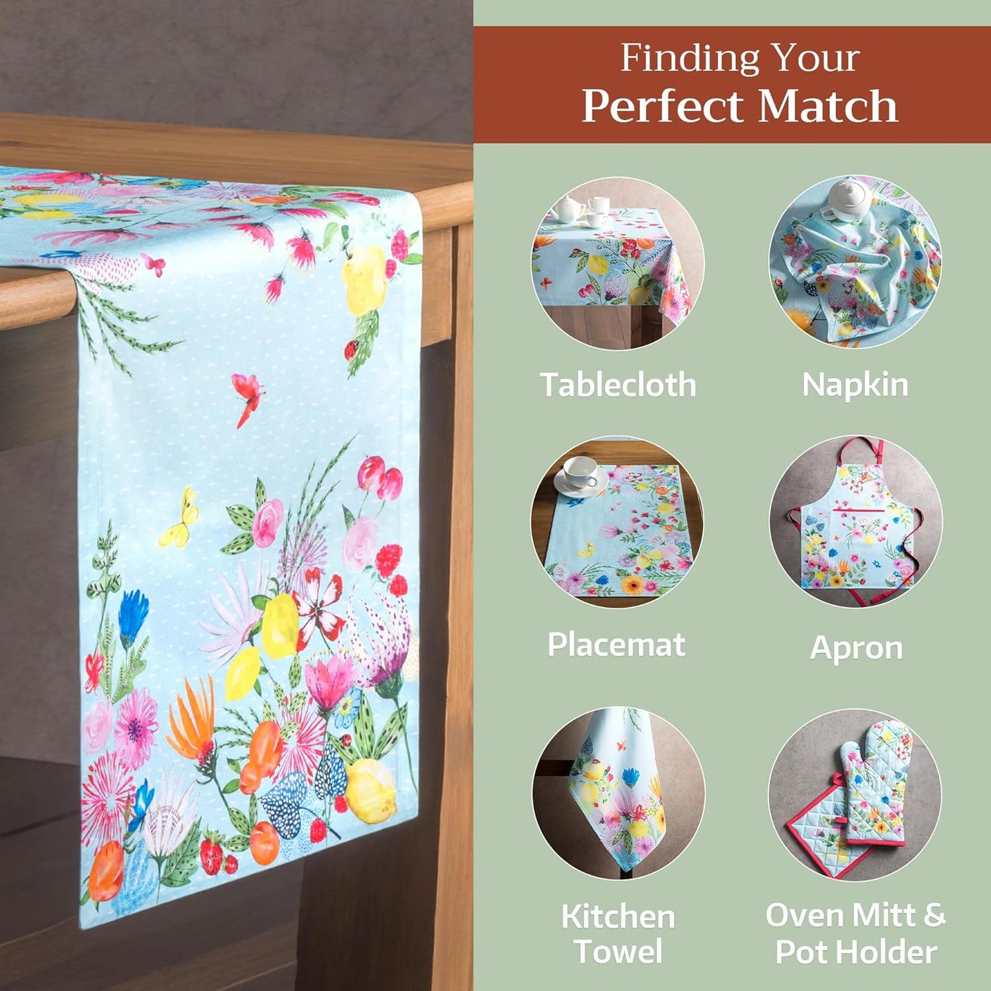 Maison d' Hermine Table Runner 100% Cotton Single Layer Table Runners 72 inches Long Decorative for Home Kitchen Dining Party Wedding Bridal Shower Spring Summer (Jardin D'Ete - Mint, 14.50" x 72")