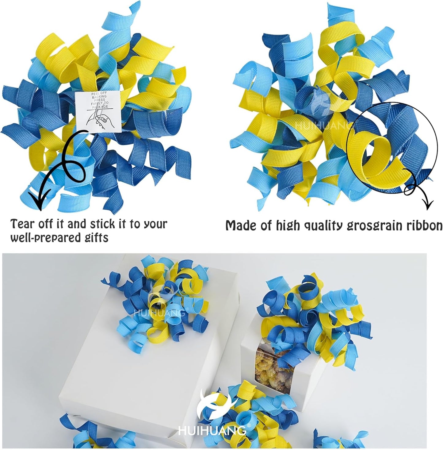 HUIHUANG Baby Shower Bows for Gift Wrapping, Curly Ribbon Bows Self Adhesive Burst Gift Bow for Baby Birthday, Baby Boy Shower Party Favors, Wine Bottle, Treat Bags- 6 Counts