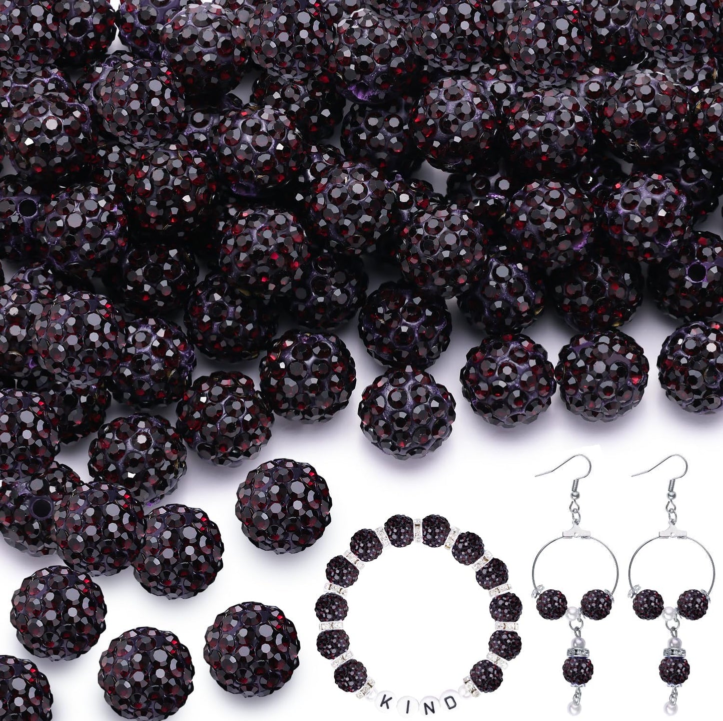 200pcs 10mm Dark Purple Rhinestone Beads for Jewelry Making, Shiny Round Shamballa Disco Ball Beads, Sparkle Crystal Clay Christmas for Bracelet Baseball Necklace Earring Crafting and DIY
