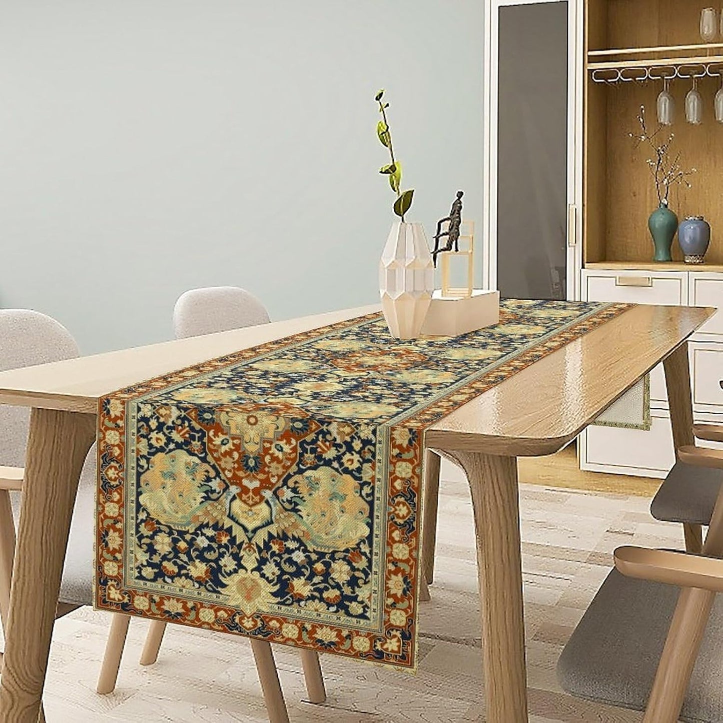 Vintage Boho Floral Table Runner, Elegant Luxurious Rustic Country Farmhouse Navy Blue Gold Retro Flower Pattern for Home Kitchen Table Decor Dining Coffee Room Party Decor 13x72in