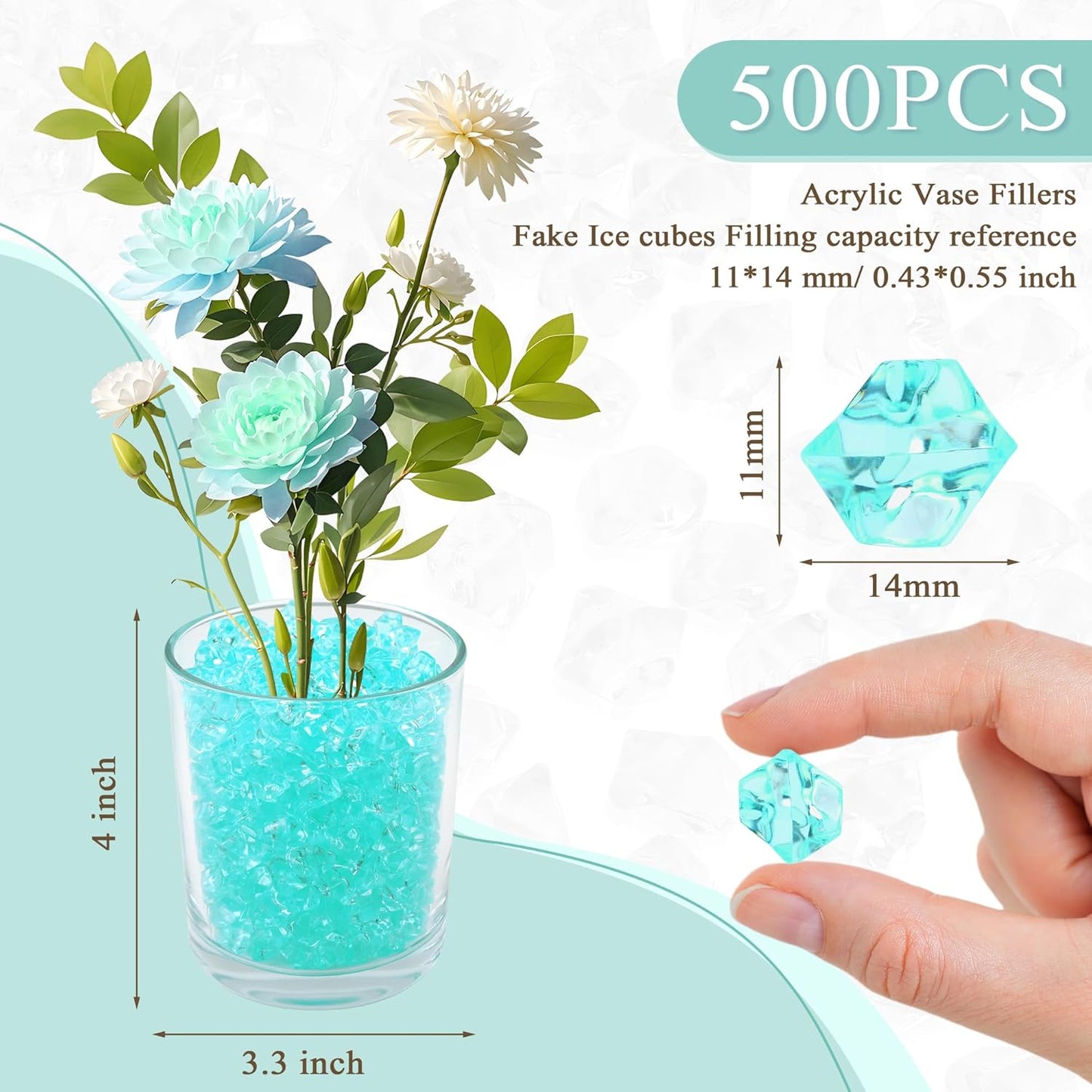 YATOJUZI 500pcs Fake Ice Cubes Teal Acrylic Crushed Rocks Vase Fillers Plastic Diamonds Gems for DIY Party Wedding Centerpiece Table Scatter Prop Display 0.5" (Only Teal)