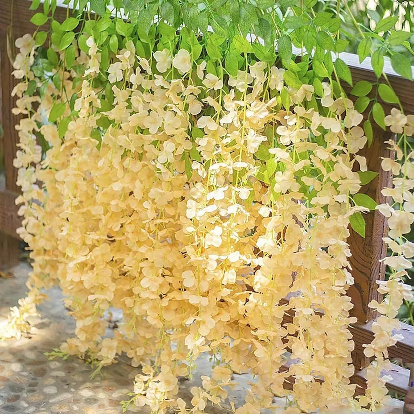 12 Pack Champagne Wisteria Hanging Flowers Garland, 3.77 Feet Artificial Flower Vines, Fake Wisteria, Artificial Vines Hanging Garland for Backdrop Outdoor Yard Garden Decor