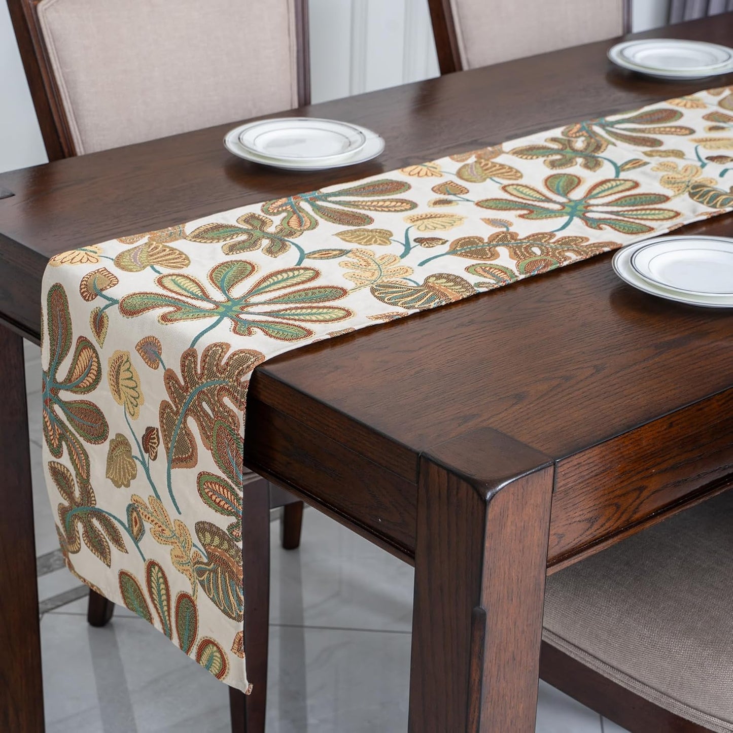 Mika Home Tropical Leaf Table Runner for Home Decor 13X90 Inches Teal Brown Seasonal Dining Table Decoration for Home