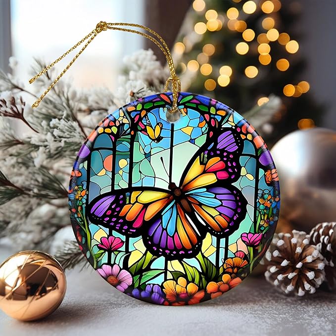 Touber Stained Ceramic Butterfly Ornament - Butterfly Christmas Ornaments - Christmas Tree Ornaments - Christmas Decorations - Butterfly Decor for Office, Room, Home - Holiday Present Ideas - A