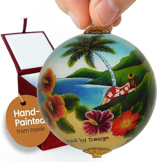 Scenic Hawaiian Ornament Collectible Hand-Painted Glass with Gift Box OTH/H