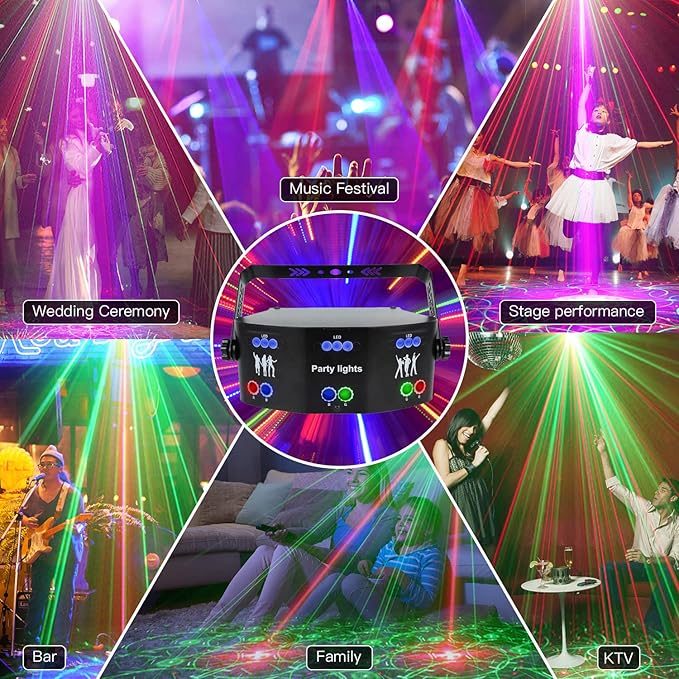 AMKI DJ Disco Lights, 15 Eyes RGB Party Stage Light by DMX512 Control, Sound Activated LED Pattern Strobe Lights for Parties Live Laser Light Show Xmas Club Bar Disco Dancing