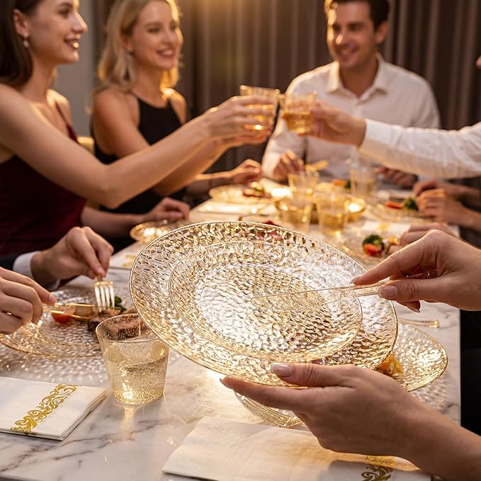 Rubtlamp 350 Pcs Gold Glitter Plastic Plates, Hammered Disposable Plates Set (50 Guests), Glitter Dinnerware Set Include 100 Plastic Plates, 150 Glitter Silverware, 50 Cups And 50 Napkins for New Year