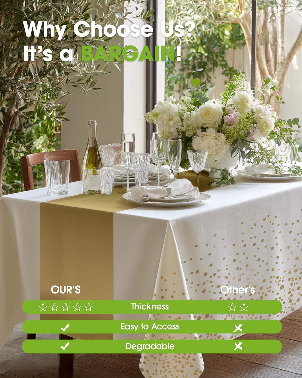 Pureegg Plastic Table Cloth Disposable 10 Pack, 54 x 108 Inch, Table Runner Style, Graduation Decorations 2025, Party Tablecloths, Rectangle, Plastic Cover, Leakproof & Sturdy, White Gold