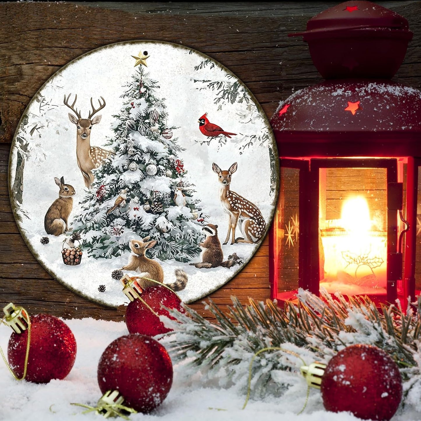 Round Christmas Snow Animals Metal Tin Sign - Vintage Christmas Tree & Winter Sign for Home & Outdoor Decorations - 12 * 12 in