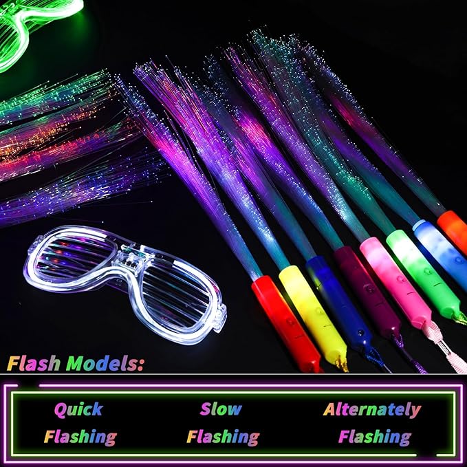 128 Pack Multicolor Fiber Optic Wand Glow Wand LED Light Up Wand Bulk with 3 Flashing Models Flashing Sticks for Glow in The Dark Birthday Party Favor Wedding Halloween Christmas, 8 Colors