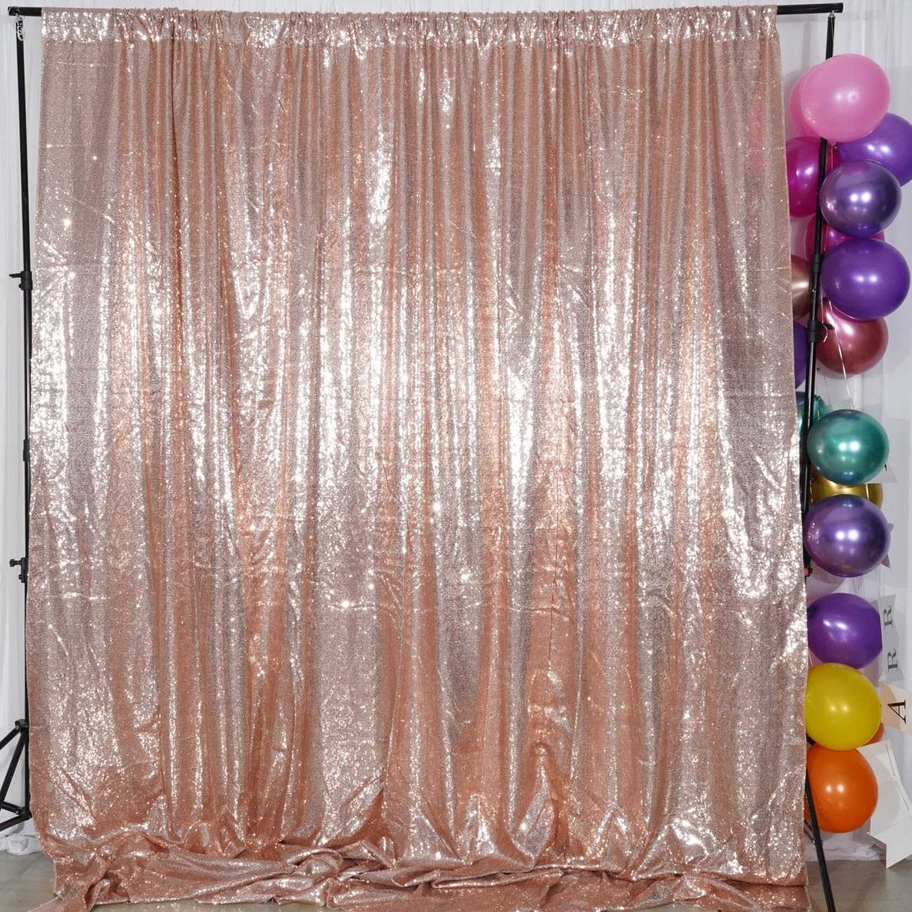 Poise3EHome 8Ft x 8Ft Rose Gold Sequin Backdrop, Glitter Thick Satin Background Drapes, Sparkly Opaque Photography Curtain, Sequence Xmas Thanksgiving Backdrop for Wedding Party Festival Decor