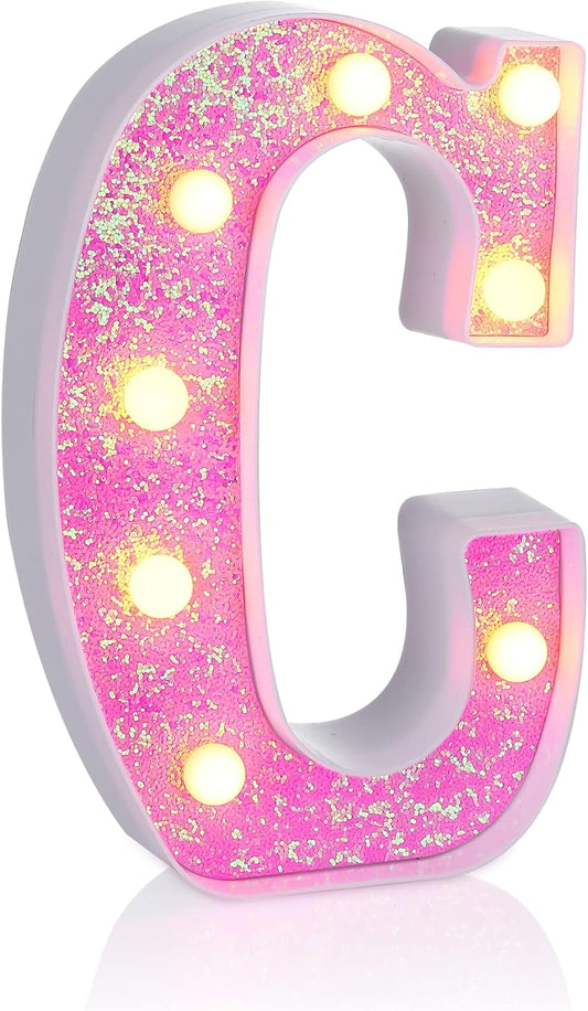 Foaky Pink Light up Letters，Pink Party Decorations,Girls Room Decor,Glitter Light Up Letters,Alphabet Letter Sign for Night Light Birthday Party Girls Gifts, Home Bar Decoration（C）