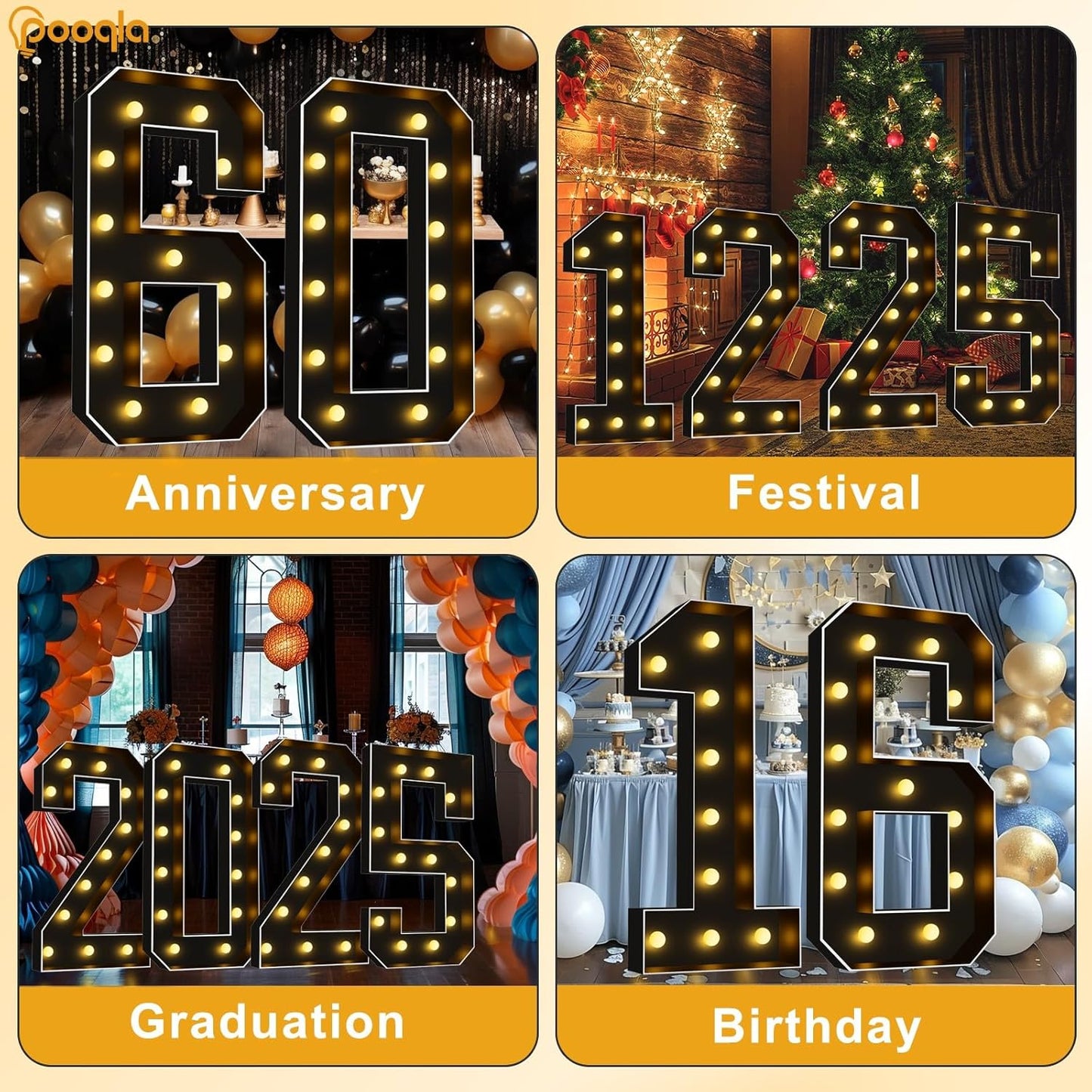 Pooqla 4 FT Light Up Marquee Numbers, Black Marquee Number Lights 4 Feet Tall for 4th 14th 40th Birthday, Giant Letter Big Mosaic Numbers for Balloons Party Anniversary Wedding Decorations, Number 4