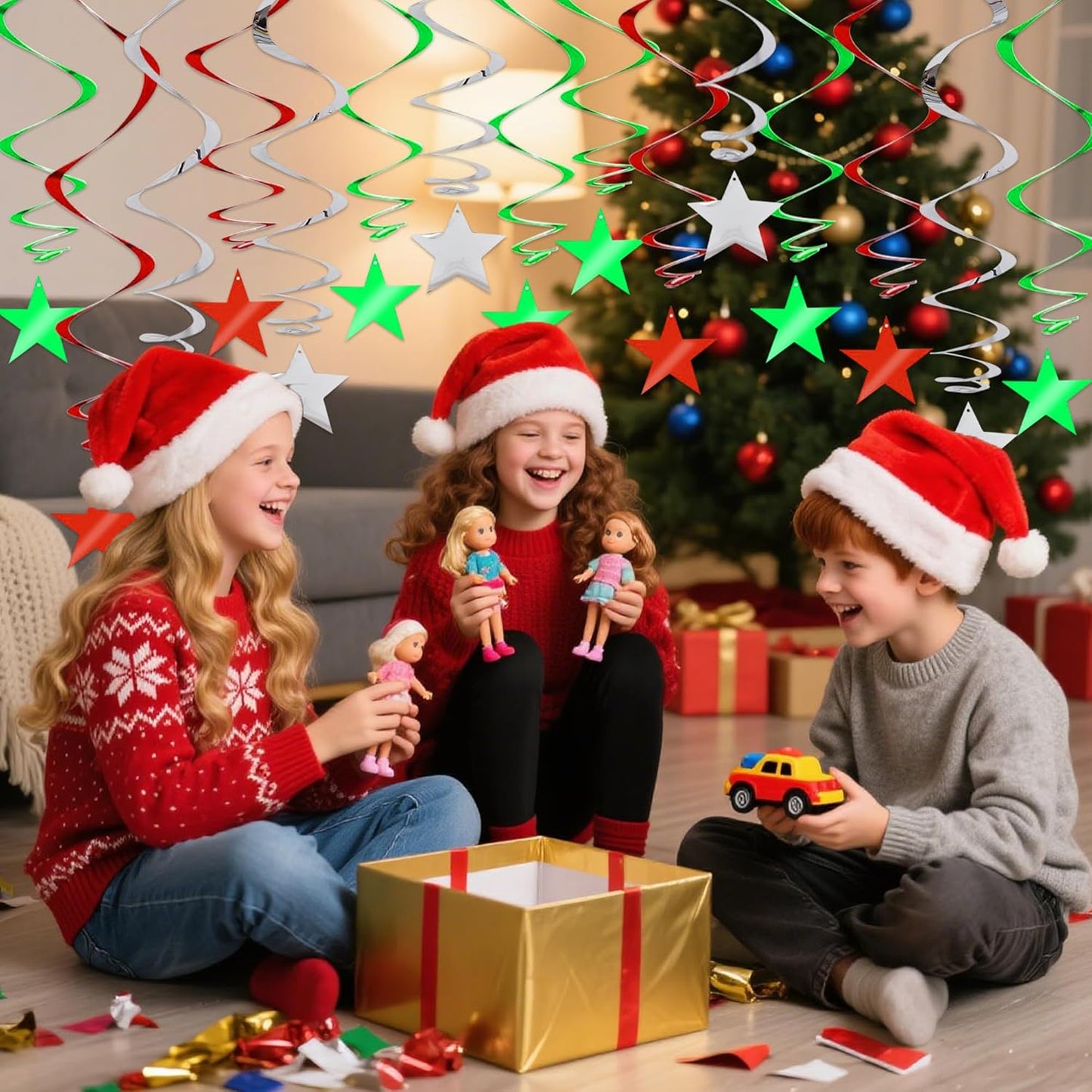 BEISHIDA Green Silver Star Hanging Swirl Decorations, Birthday Hanging Party Supplies for Christmas Wedding Baby Shower Birthday Decorations,Pack of 15