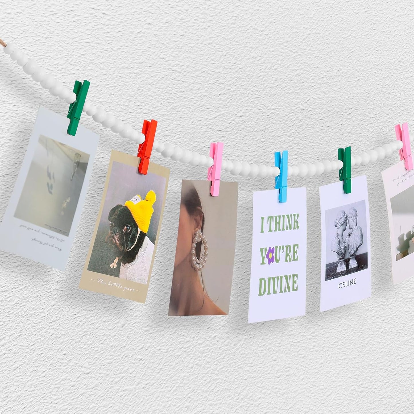 Hanging Photo Display Wall Decor, Wooden Bead Garland Collage Picture Frame with 9 Different Random Colors Wood Clips for Boho Bedroom, Living Room, Office, Dorm Decor