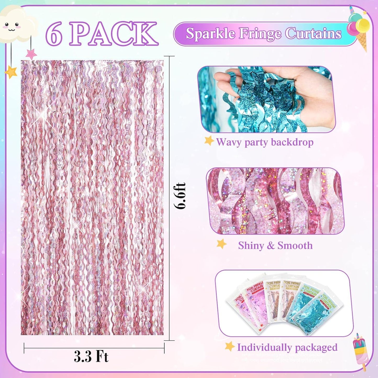 Jutom 6 Pieces 3.3 x 6.6 ft Wavy Tinsel Foil Fringe Curtains Foil Fringe Streamer Backdrop Party Curtain for Sea Mermaid Baby Shower Birthday Party Decoration(Purple, Pink, Blue Green)