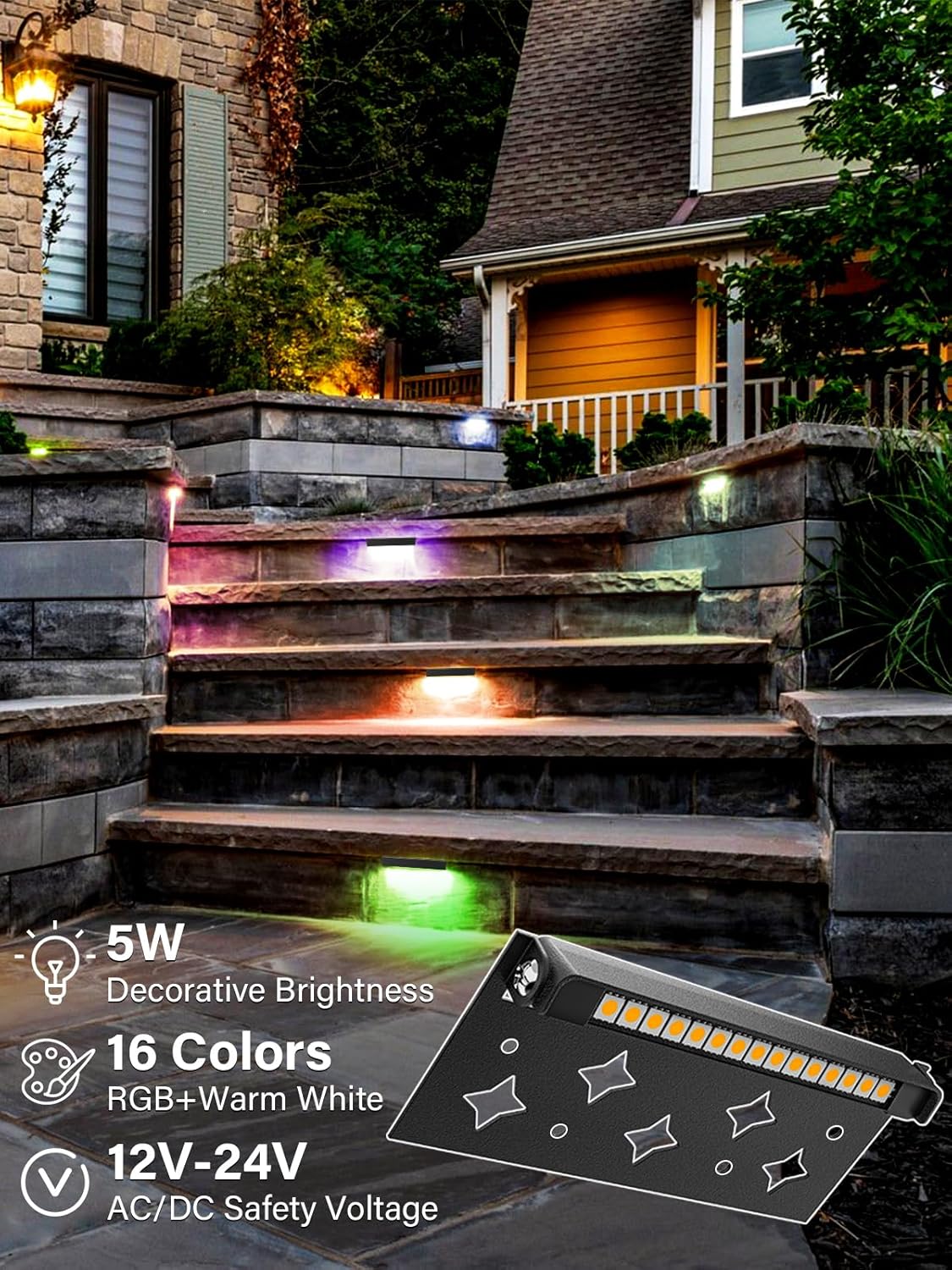 5W RGB Retaining Wall Lights 7 inch LED Hardscape Lighting Color Changing Low Voltage Landscape Paver Lights 12V 24V Step Lights Outdoor IP66 Waterproof Stair Lighting (8 Pack+Connectors)