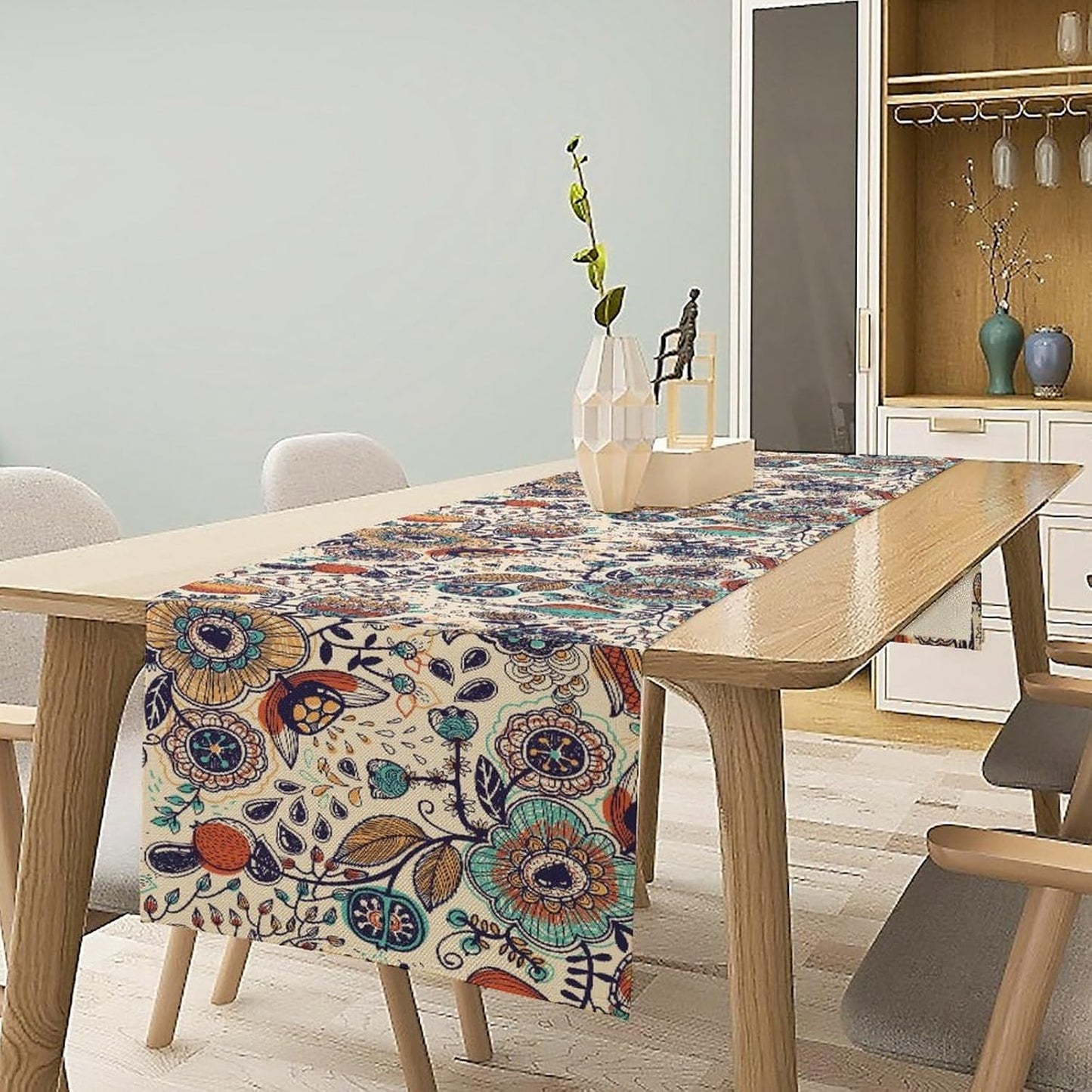 Boho Floral Table Runner,Vintage Flowers Tropical Plants Country Style Table Cloth Kitchen Dining Table Home Party Decoration 13x36 Inch