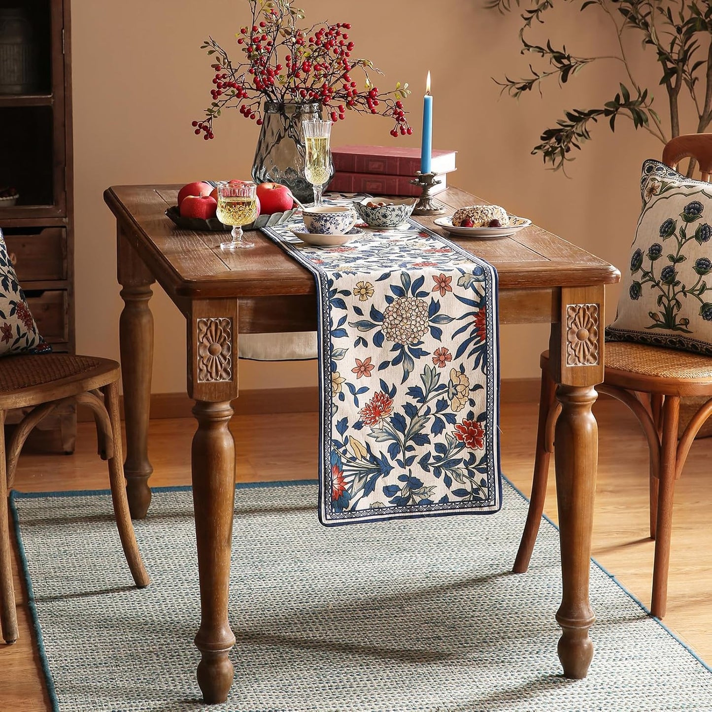 patdrea Designer Blue Cottage Rustic Floral Patterned Linen Table Runner 71 Inch Long,Wrinkle Resistant Table Mat,Decoration for Kitchen Dining and Coffee Tables Banquet Christmas , 12"x71"