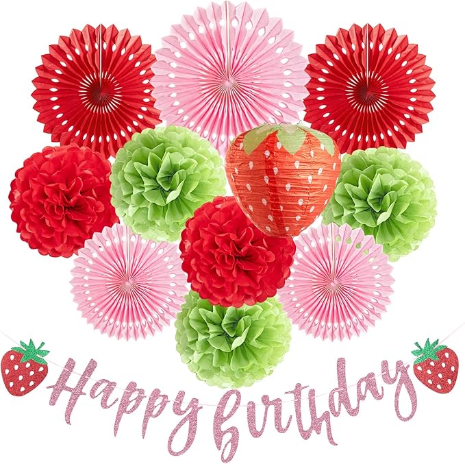 SUNBEAUTY Strawberry Birthday Party Decorations: Strawberry Shortcake Themed Decor for Birthday, Baby Shower; Paper Material; Includes Banner, Lanterns, Fans, Pom Poms