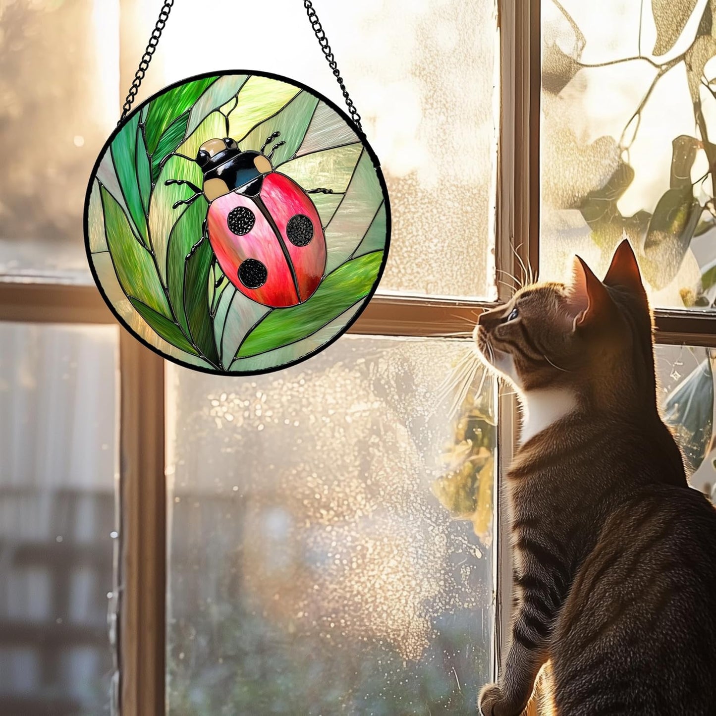 Stained Glass Window Hanging 4 Pcs Set Pink Green Insect Theme 7.8" - Butterfly Suncatcher Door Garden Sun Catcher Decor Birthday Christmas for Mom Woman Nana Men