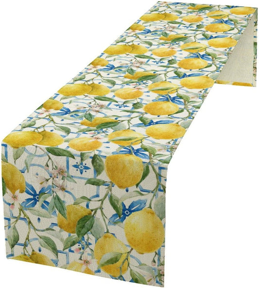 Lemon Table Runner,Watercolor Fruit Green Leaves Spring Summer Table Cloth Kitchen Dining Table Home Party Decoration 13x90 Inch