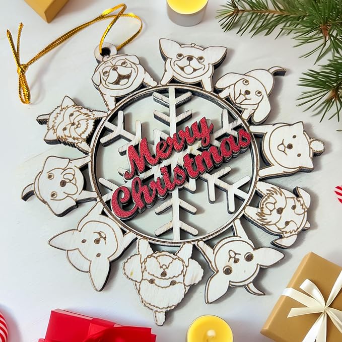 Dogs Snowflake Merry Christmas Wooden Ornament – Dog Lover Christmas Tree Decoration - Dog-Themed Holiday Ornament for Tree Hanging Ornament