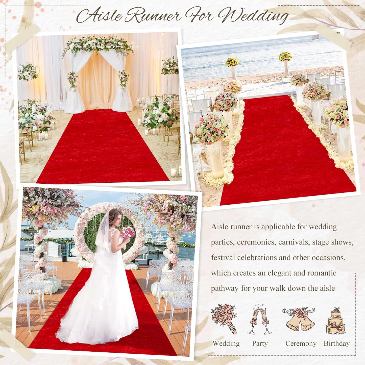 MODFUNS Red Carpet Runner for Party Wedding Aisle Runners 4x20FT Velvet Wedding Aisle Runner Rug with Carpet Taps Rustic Runway Rug for Birthday Party Banquet Reception Decoration