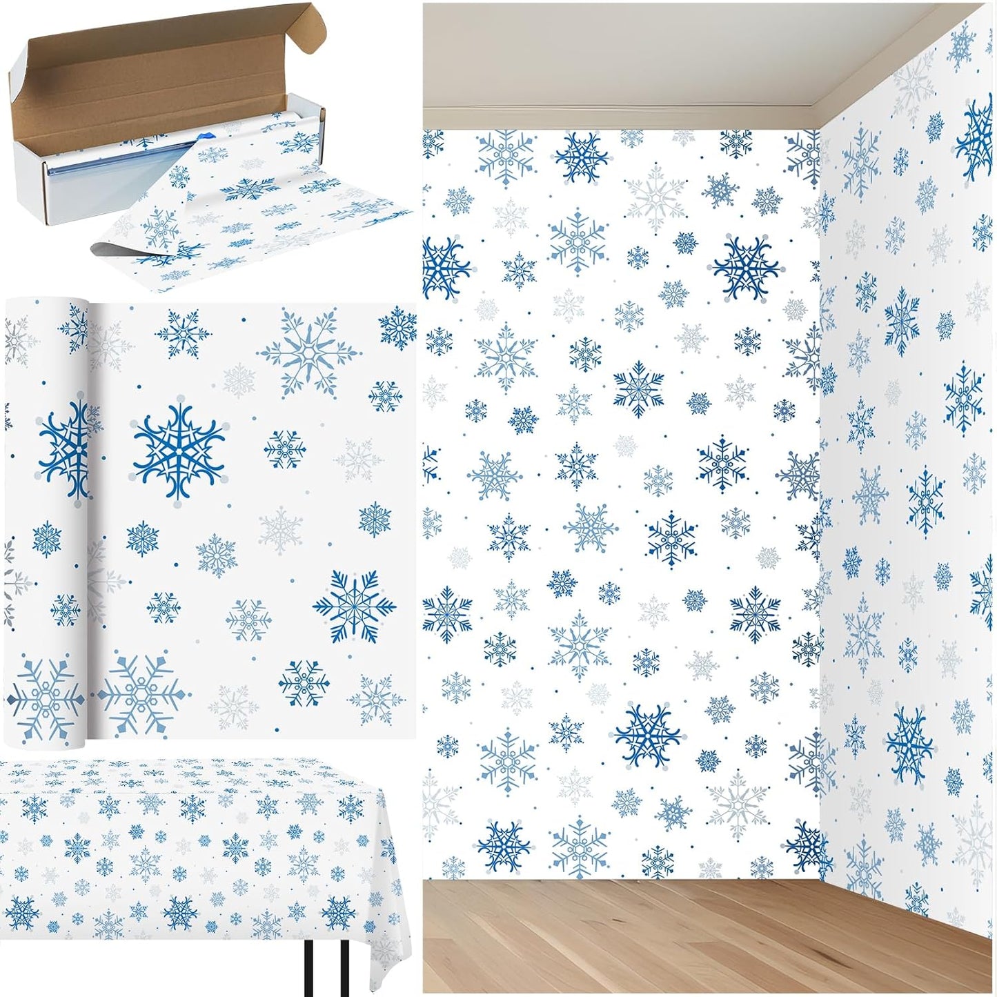 4.5x100 Feet Roll of Christmas Plastic Tablecloth Decorations,Disposable White Snowflake Blue Xmas Table Cover Photography Backdrop with Cutter Box for Winter Christmas Holiday New Year Party Supplies