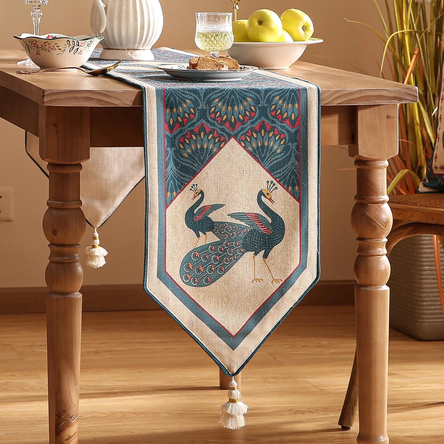 Vintage Blue Peacock Small Table Runner for Table,Decorative Linen 63 Inches Long Table Runners,Decor Tabletop for Kitchen,Dining,Tea Party,Home,Christmas,12"*63"