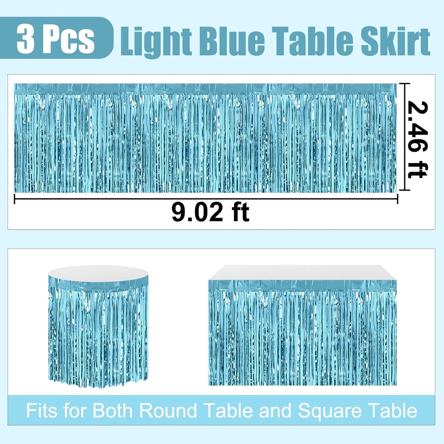 3 Pack 29 x108 Inch Light Blue Foil Fringe Table Skirts Metallic Banner for Tinsel Streamer Garland Backdrop for Parade Floats Wedding Thanksgiving Birthday Christmas New Year Party Decoration