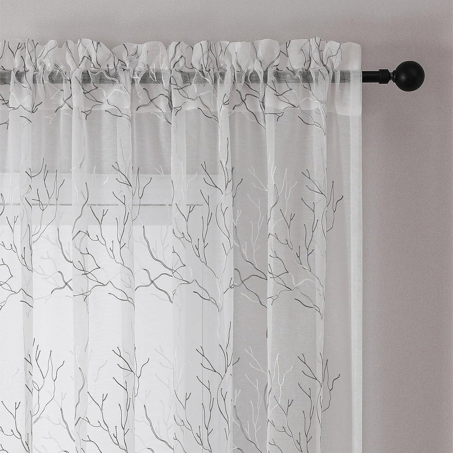 VISIONTEX Sheer Curtains 84 inch Length 2 Panels Set, Decorative Grey Coral Embroidery, Rod Pocket Embroidered Window Drapes for Living Room and Bedroom, 54" x 84"
