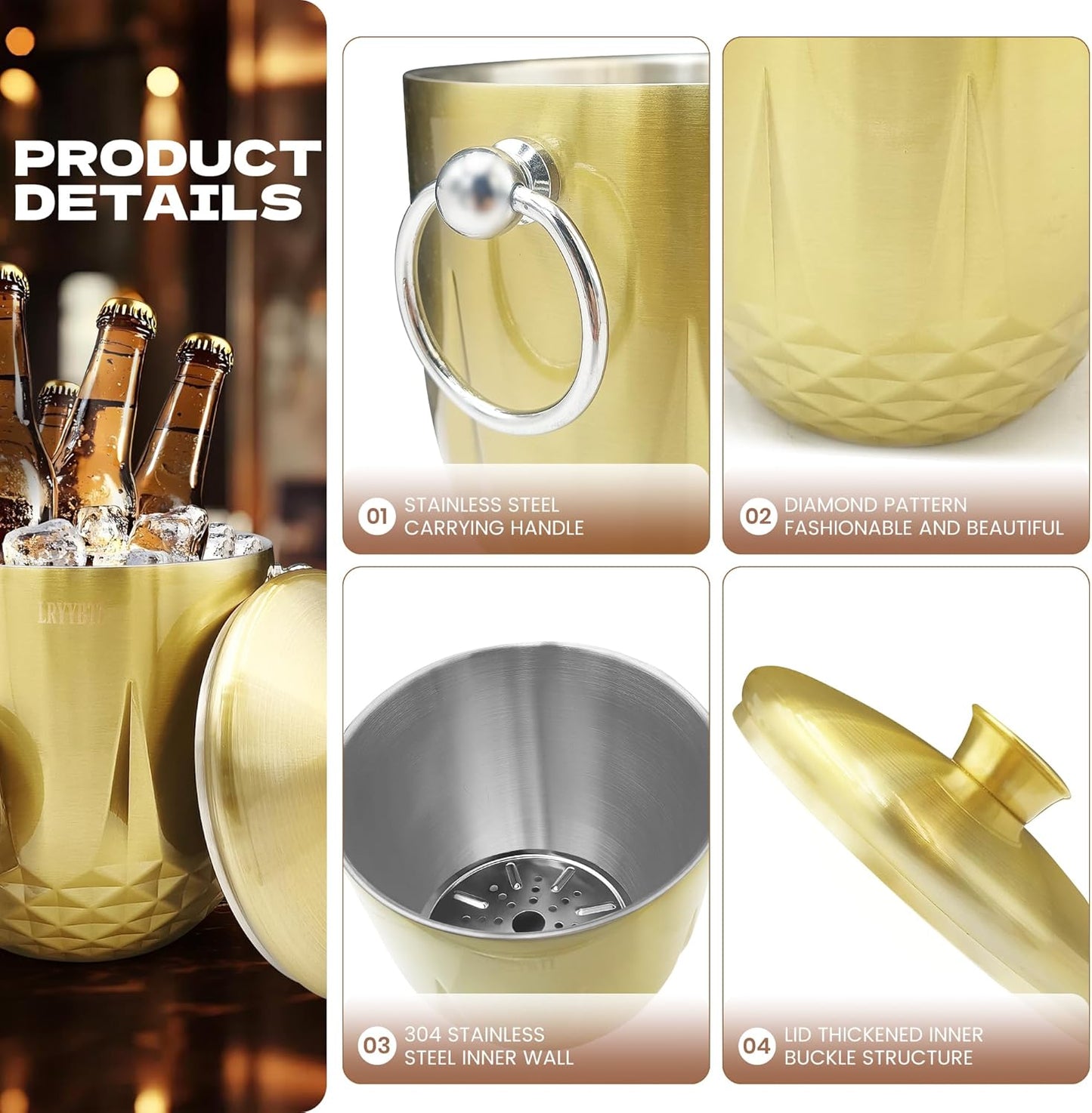 Ice Buckets for Parties with Lid,Tongs and Strainer (3L/Gold) Double Wall Stainless Steel Ice Bucket Keeps Frozen Longer,Ideal Perfect for Parties, Cocktail bar, Chilling Wine, Champagne