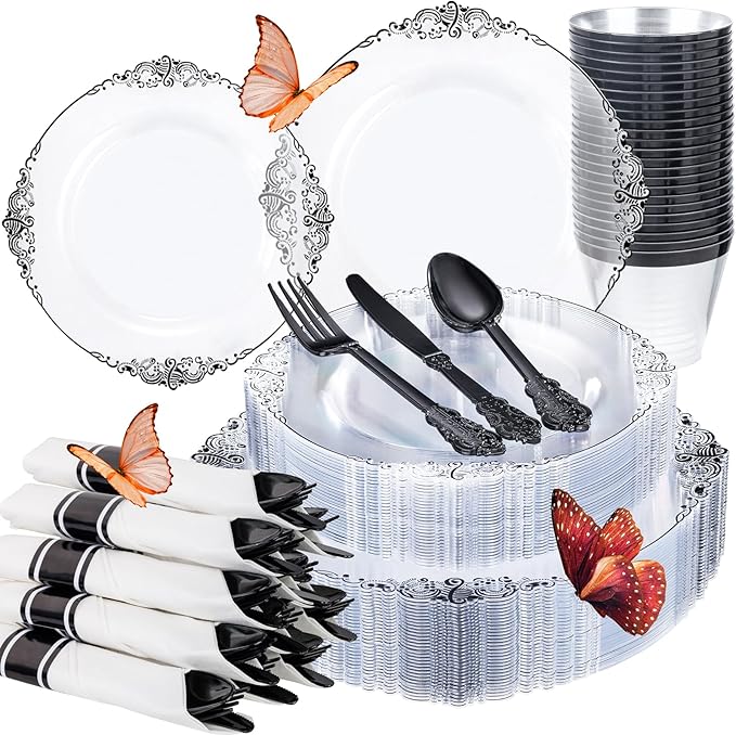 Hioasis 175pcs Clear and Black Plates - Black Party Plates for 25 Guest, Include 50 Heavy-duty Plates(20% Thicker Than Standard), 25 Pre Rolled Gold Plastic Silverware Set, 25 Cups